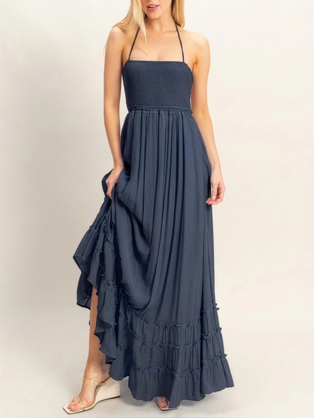 NWT Tiered Boho Smocked Halter Strappy Back Maxi Dress Navy Blue - Picture 8 of 8